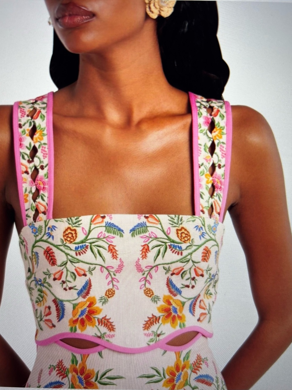 FARM Rio Cream Mini Dress Forest Linen Floral & Pink Trim Small - Picture 3 of 6